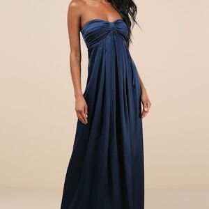 Lulus Memorable Entrance Dark Blue Strapless Satin Maxi Dress - Size S